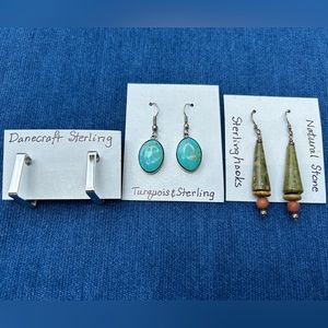 Vintage lot 3 pr earrings: sterling, turquoise & sterling, stone & sterling